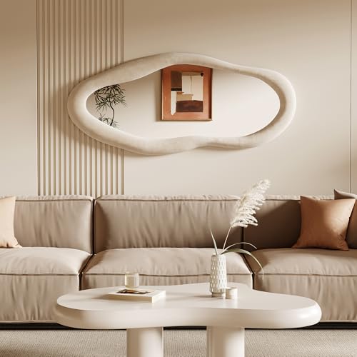 Honyee Full Length Mirror, 63" x 24" Wall Mirror, Flannel Wrapped Wooden Frame Floor Mirror, Irregular Wavy Mirror Hanging or Leaning Against Wall for Cloakroom/Bedroom/Living Room, Milk Tea