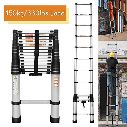 Telescoping Ladder 20.3ft Aluminum Extension Folding Ladder with 2 Hooks, 330lbs Max Load, with Anti-Slip Rubber Feet, Folded Height 3.4ft, Weight 36lbs, Portable Attic Ladder Easy to Transport