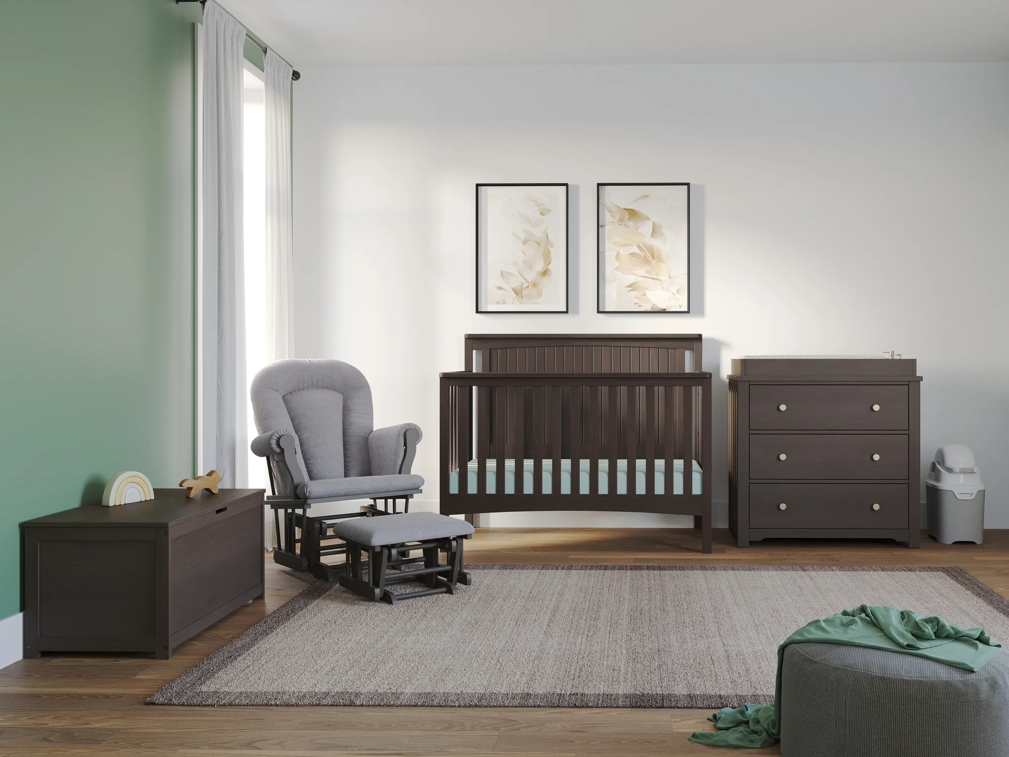 Child Craft Scout 4-Piece Nursery Set with 4-in-1 Convertible Crib, Dresser with Changing Table Topper, Cozy Glider, and Toy Box (Dapper Gray)