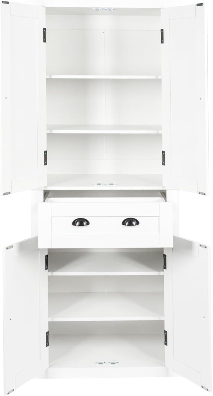72" Kitchen Pantry Storage Cabinet, Traditional Freestanding Cupboard with 4 Doors and Adjustable Shelves, Large Central Drawer, Dining Room Storage Cabinet, White