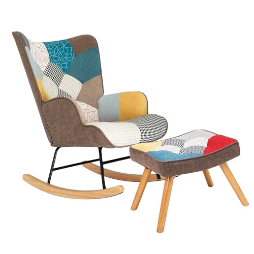 Patchwork Rocking Chair Accent Armchair Single Sofa Chair with Footstool and Pillow Fabric Upholstered High Back Armchairs Lounge Chair for Living Room Reading Bedroom 35''Lx 26''Wx37.8''H Colorful