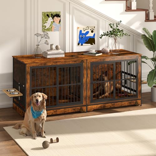 86 Inch Double Dog Crate Furniture with Divider, 4 Combination Forms Large Dog Kennel Furniture for 2 Dogs, Rustic Brown Corner Dog Kennel for Small Medium Large Dogs