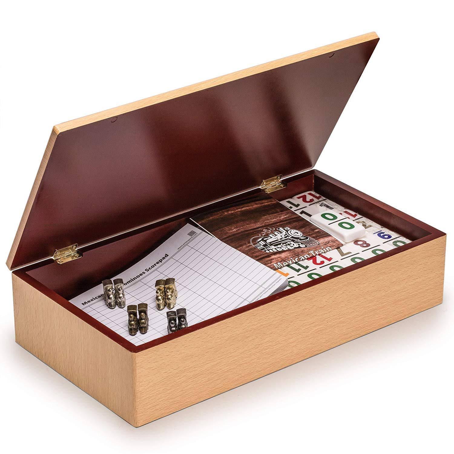 Yellow Mountain Imports - Complete Mexican Train Dominoes Set with Double 12 Dominoes Featuring Numerals, Wooden Hub, Train Mark