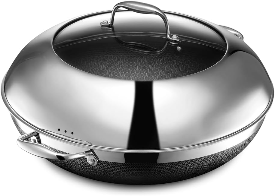 HexClad 16 Piece Hybrid Stainless Steel Cookware Set - 6 Piece Pan Set, 6 Piece Pot Set, 7 Quart Deep Fryer and 14 Inch Wok, Stay Cool Handles, Induction Ready, Non-Stick