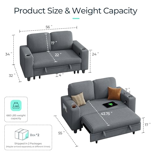 LINSY HOME Sectional Sleeper Sofa with Pull Out Couch Bed Convertible Plush Corduroy Cloud Couch with Storage Chaise & USB Charging, Comfy L Shaped Modular Couches for Living Room Apartment (Grey)