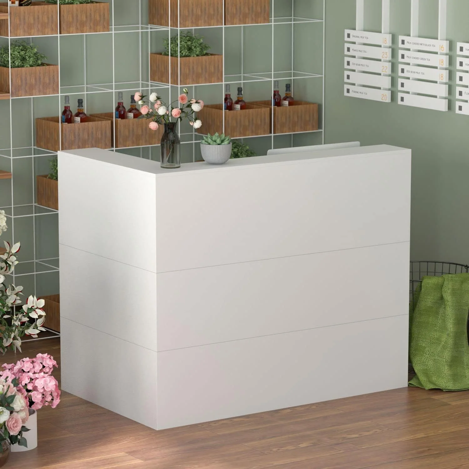 Modern Reception Desk Front Desk Reception Counter, Large Storage Shelves and Drawers, Retail Counter for Reception Room White
