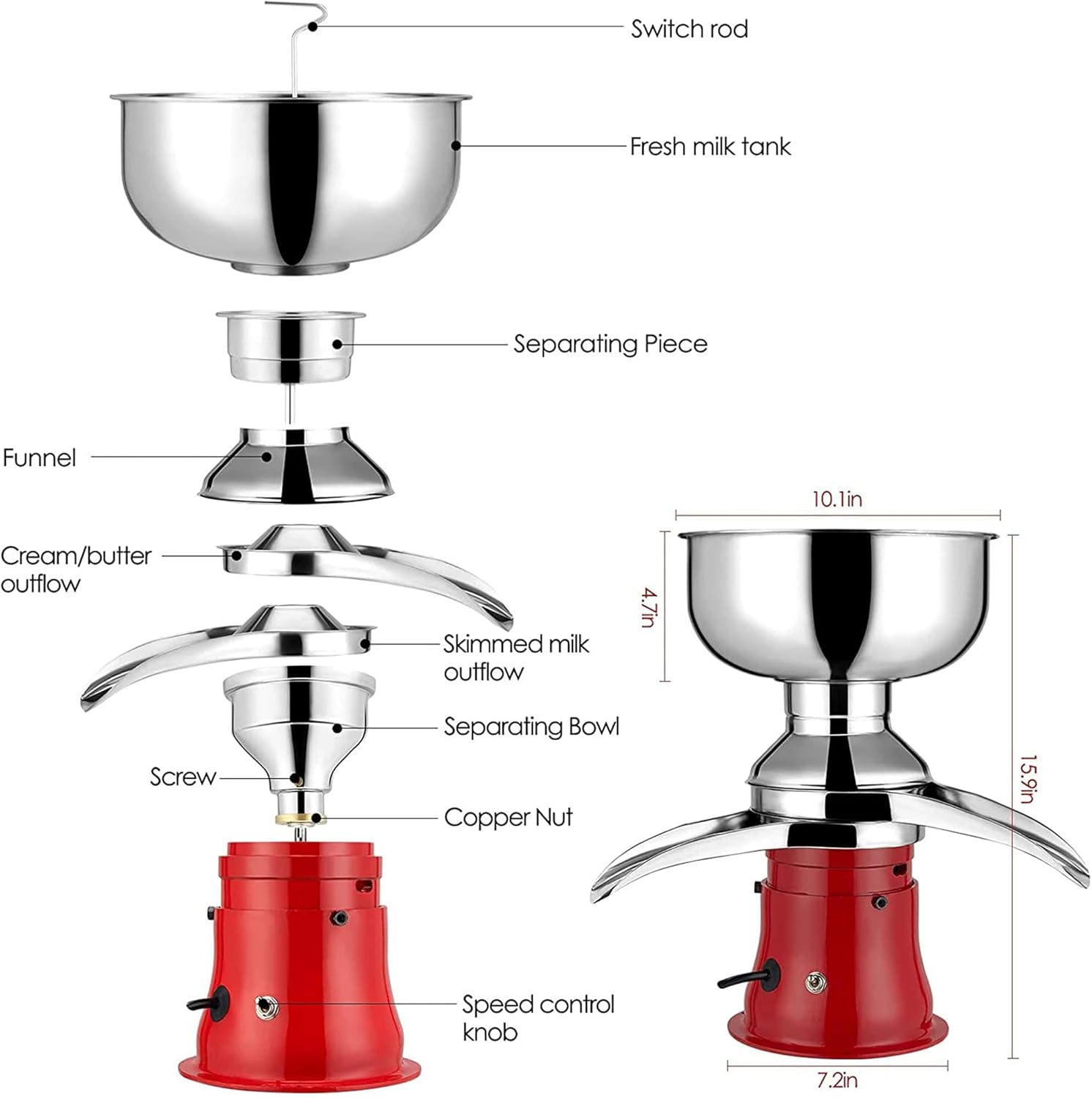 Electric Cream Separator Stainless Steel 50L/H - Turn Raw or Whole Milk into Cream and Skim Milk with Milk Cream Centrifugal Separator - Ideal for Goat and Cow Milk