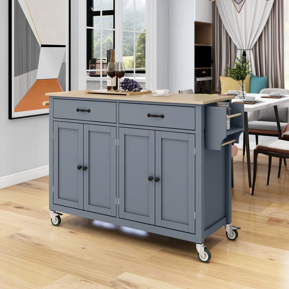 Kitchen Island Cart with Solid Wood Top and Locking Wheels,54.3 Inch Width,4 Door Cabinet and Two Drawers,Spice Rack, Towel Rack - Curated Treasures Market