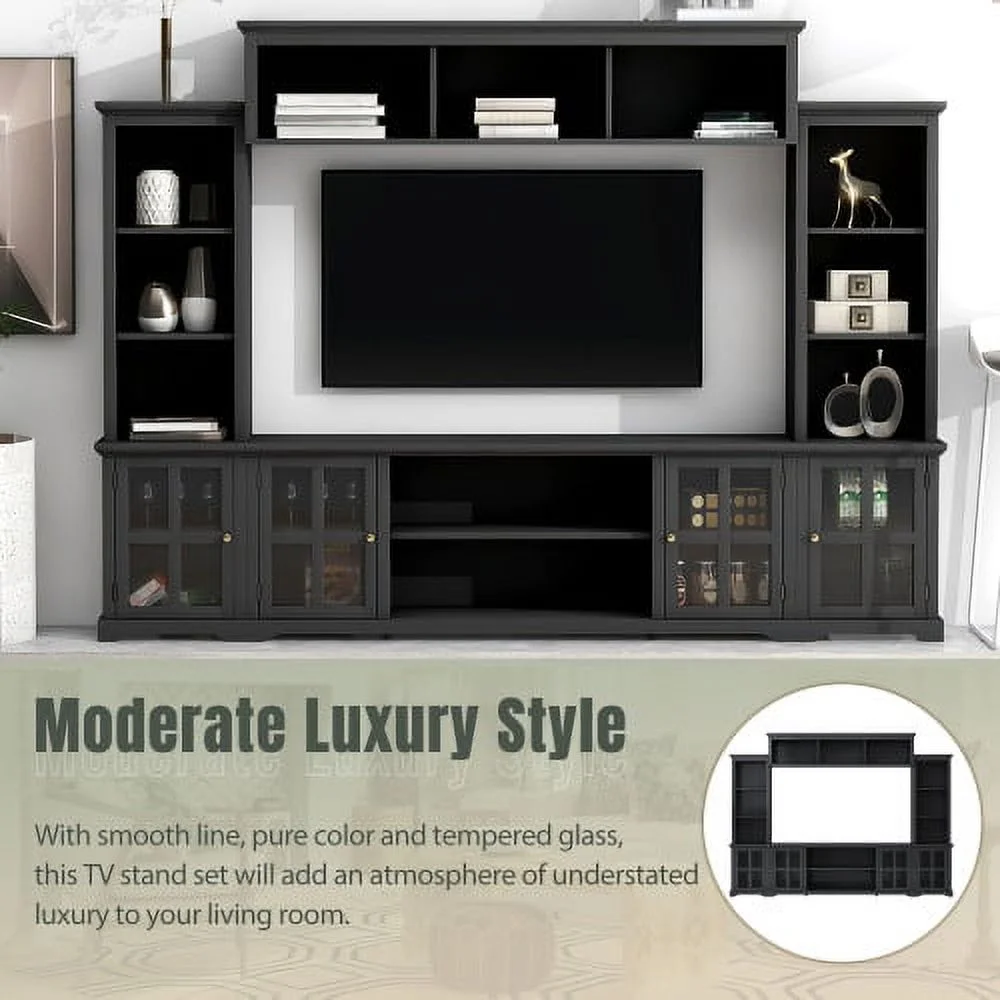 Minimalism Style Entertainment Wall Unit with Bridge, Modern TV Console Table for TVs Up to 70", Multifunctional TV Stand with Tempered Glass Door, Black