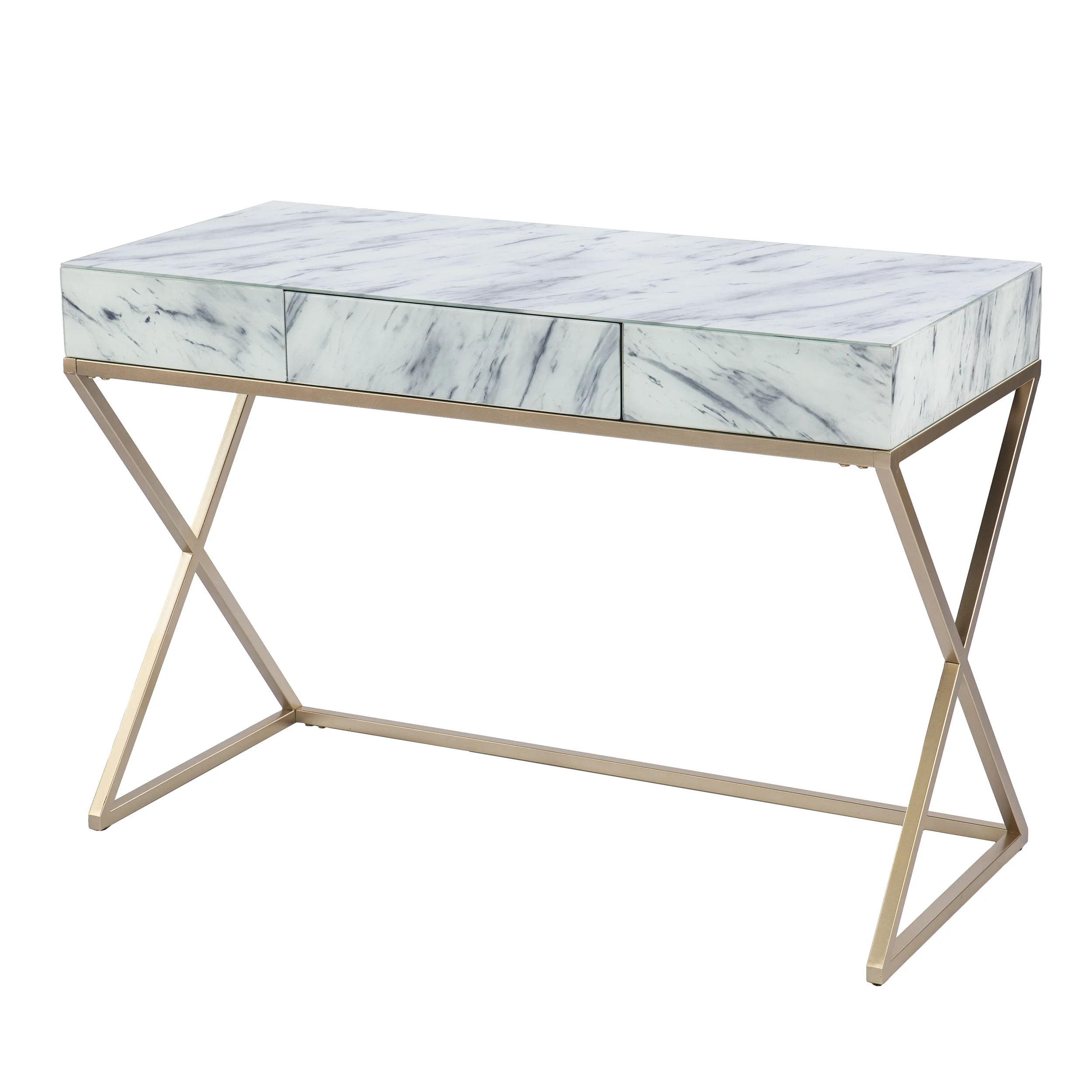SEI Kamula Glam style Faux Marble Writing Desk with Storage in Gold finish with Gray and White faux marble