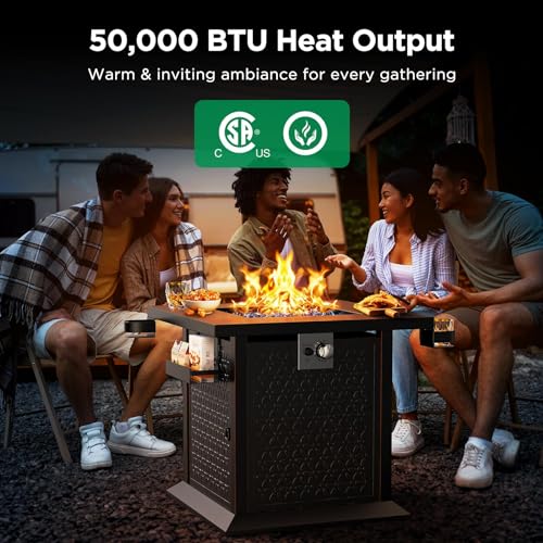 Ciays 28″ Fire Pit Table, Propane Fire Pit with Cup Holders & Hanging Shelf, 50,000 BTU Gas Fire Pit with Glass Stones & Nylon Dust Cover, Quick Ignition System, Patio/Porch/Deck Fire Pit, CIFPT10B