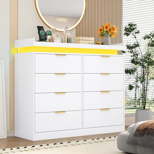 White Dresser with LED Lights, Wooden LED Dresser, 4 Drawer Chest with Charging Station, Tall Chest of Drawer Closet Organizer for Bedroom, Living Room, Entryway, Hallway