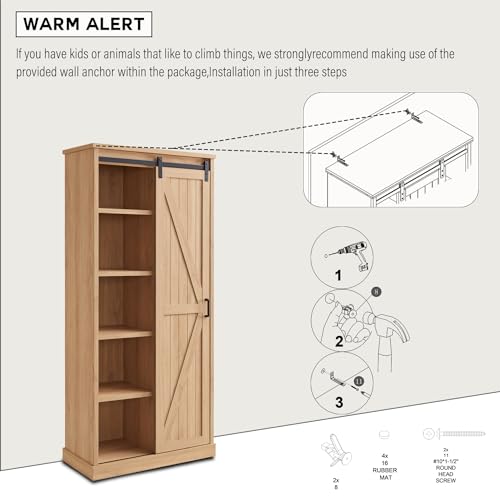 72" Tall Farmhouse Kitchen Pantry with Sliding Barn Door, Large Wood Kitchen Storage Cabinets with Adjustable Shlef, Rustic Wood Cupboard for Dining Room, Bathroom, White