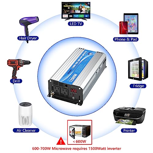 Power Inverter Pure Sine Wave 1200 Watt 12V DC to 120V with USB Ports Type-C PD30W and QC 3.0 Fast Charger with Remote for RV Car Solar System Emergency