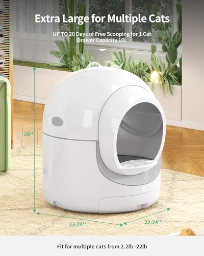 Self-Cleaning Cat Litter Box, 85L Extra Large Automatic Cat Litter Box with APP Control, Safety Protection, Odor-Removal &Weight Monitoring, for Multiple Cats,White&Grey