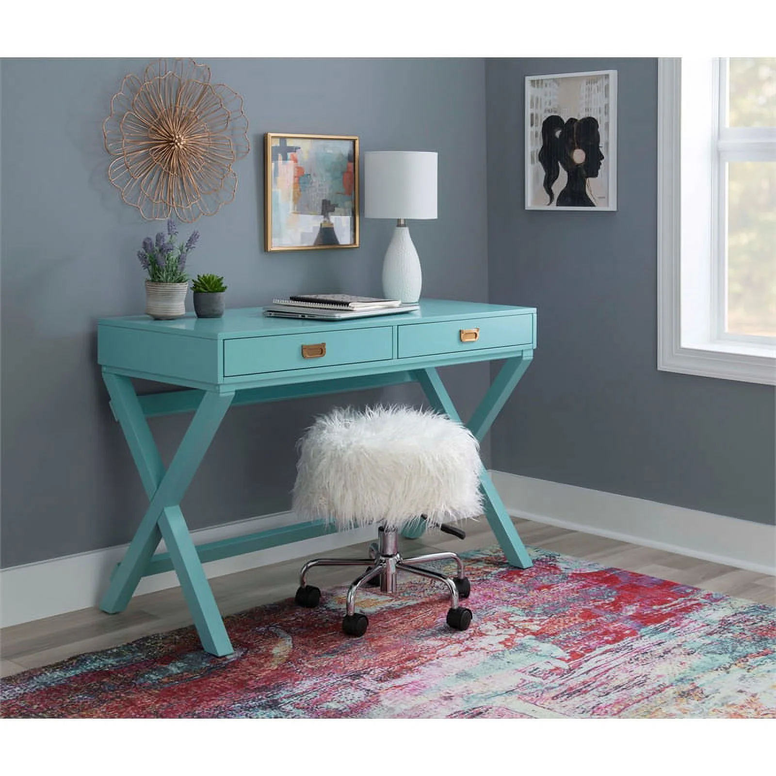Linon Peggy Wood Two Drawer Writing Desk in Blue