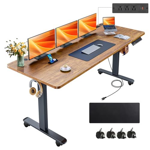 farexon Electric Standing Desk 55 x 24In with Charging Station, Stand up Desk with Oversized Mouse Pad, 2 USB Ports & 3 Power Outlets, 4 Caster, 4 Preset Heights Easy to Set（Brown）