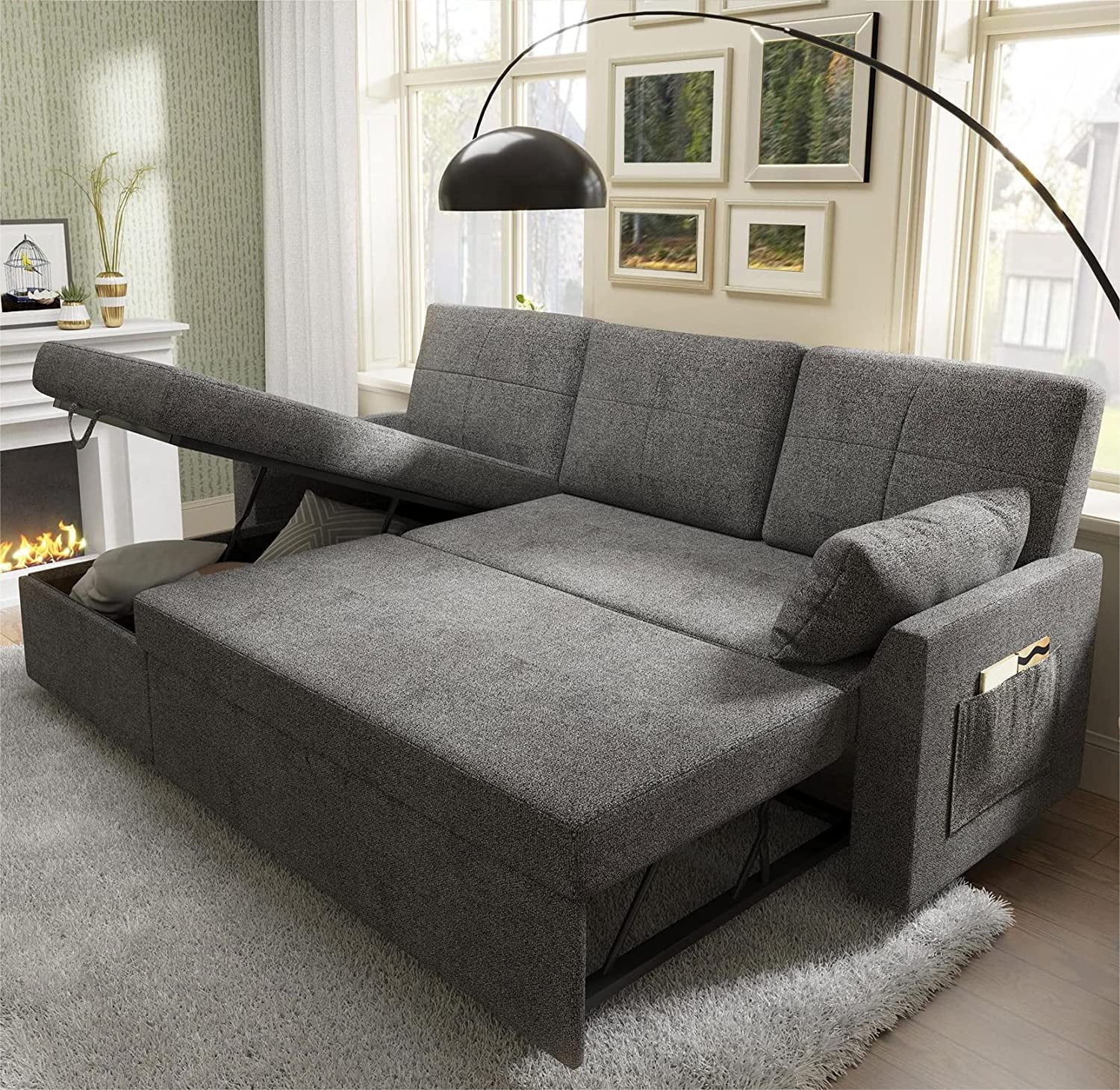 Papajet Sofa Bed, Sleeper Sofa with Storage Chaise, Pull Out Couch for Living Room- Gray Chenille