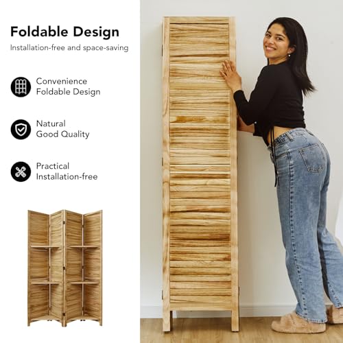 Room Divider with Shelves, 5.6 Ft Tall Folding Wood Screen with Double Hinges for Home Office Bedroom Hotel Decoration (6 Panels, Brown)