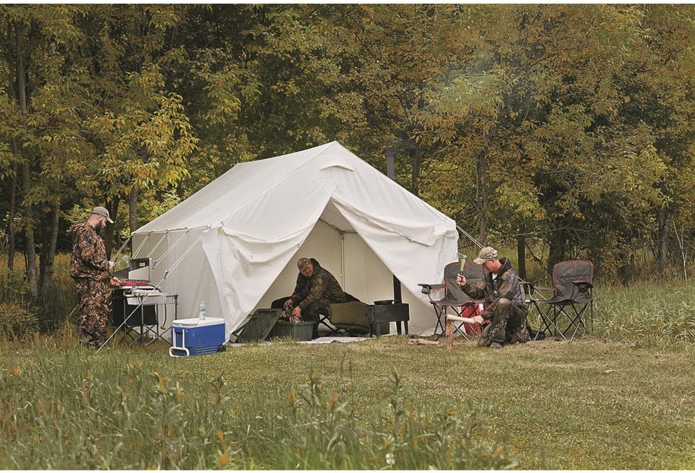 Guide Gear 10x12' Canvas Wall Tent and Frame for Hunting, Outdoor Camping, 4 Season All Weather Tents with Stove Jack Opening