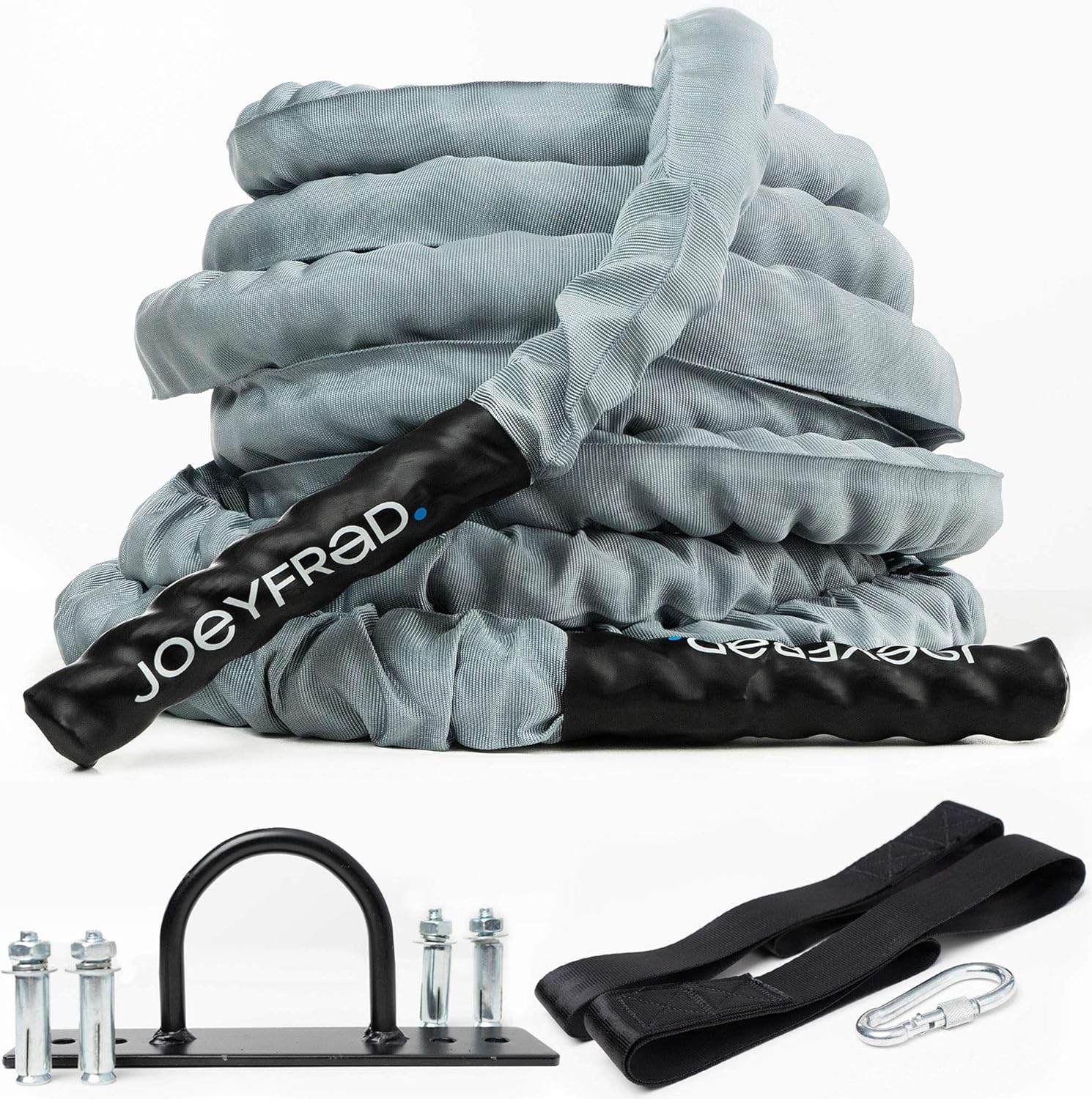 Joeyfrad Battle Rope Battle Ropes for Home Gym 1.5 Inch Heavy Weighted Rope 30ft Length 100% Dacron Strength Training Ropes Fitness for Home Gym, Cardio w/Wall Anchor 2 Anchor Straps, 1 Carabiner