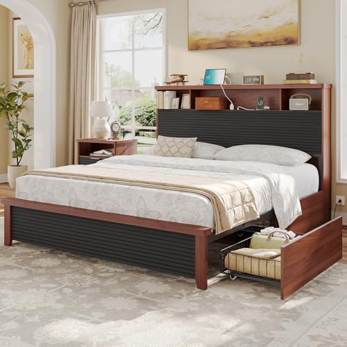 VIAGDO Wood Bed Frame Full Size with 4 Storage Drawers and Charging Station, Fluted Led Full Bed Frame with 2 Tier Storage Headboard, No Box Spring Needed,Wood