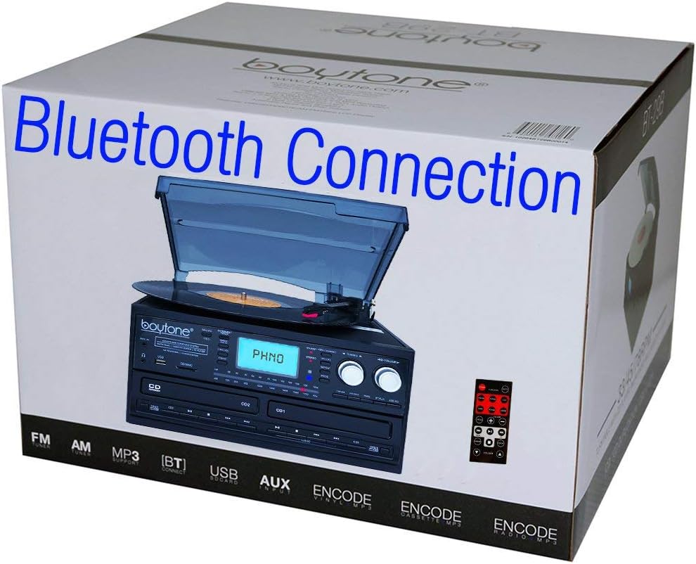 Boytone BT-29B, Bluetooth Dual CD Player, Recorder CD2 to CD1, AM/FM Radio Turntable Record Player 2 Built-in Stereo Speakers, Cassette Player, SD Slot, USB, AUX, Headphone Jack, Limited Edition