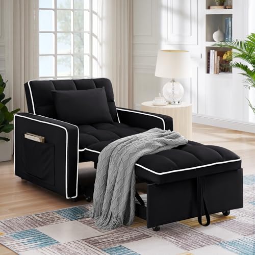 Convertible Sleeper Chair Bed, 3 in 1 Modern Velvet Pull Out Sofa Bed Chair, Small Tufted Single Sleeper Chair with Adjustable Backrest/Pillow for Living Room, Small Spaces, Apartment, Office, Beige