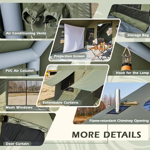 YOLENY Inflatable Tents for Camping, 4/6/8/10/12 Person Tent with TPU Skylight, Mesh Windows, Stove Jack & Pump, Easy Setup 4 Season Glamping Tent, Waterproof & Windproof