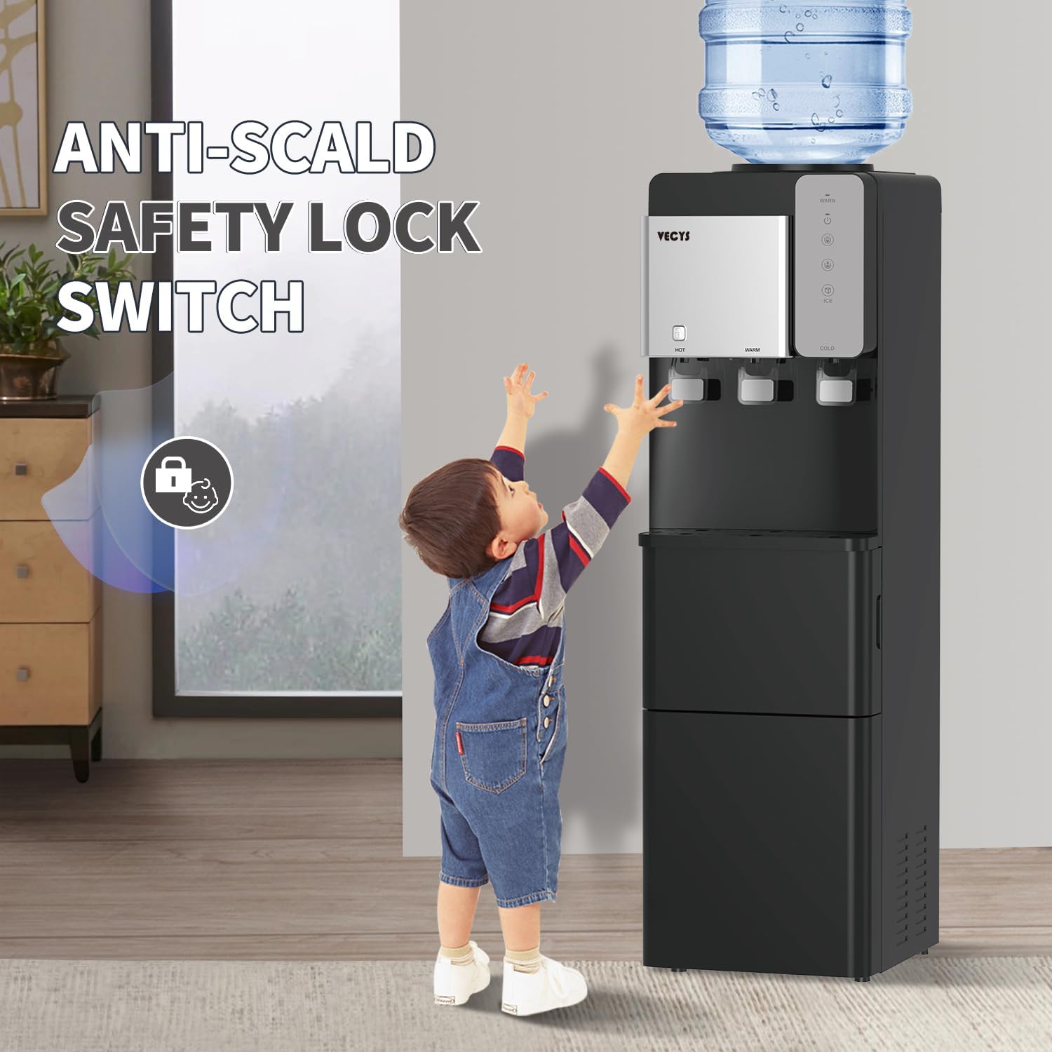 Water Dispenser Cooler with Ice Maker, 27LBS Daily Ice Making and Hot Cold Water Supply, Child Safety Lock and Compatible with 3 or 5 Gallon Bottles, Ideal for Home and Office