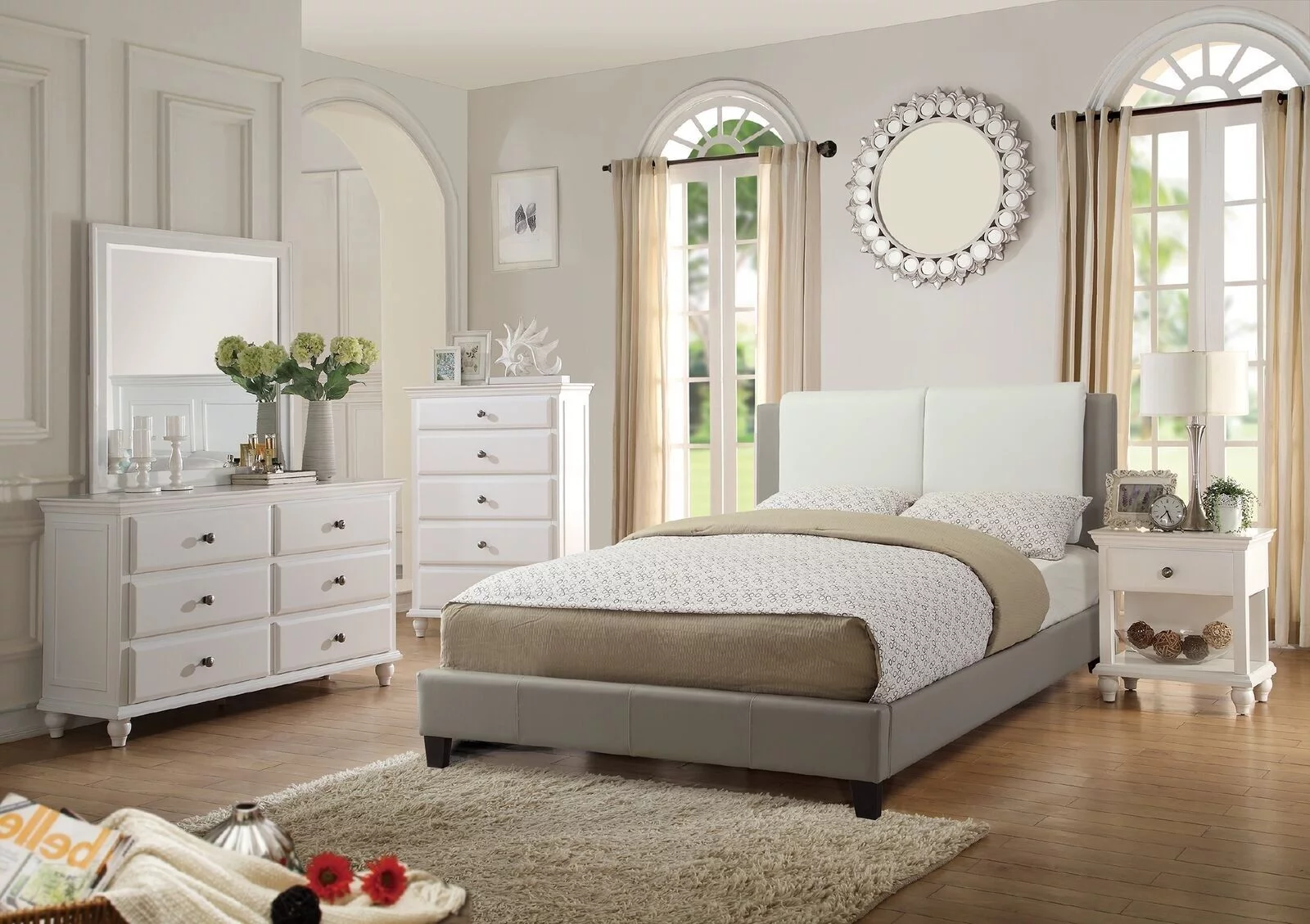 Contemporary Modern 6pc Bedroom Full Size Bed Set Dresser Mirror 2x Nightstands Chest White Furniture