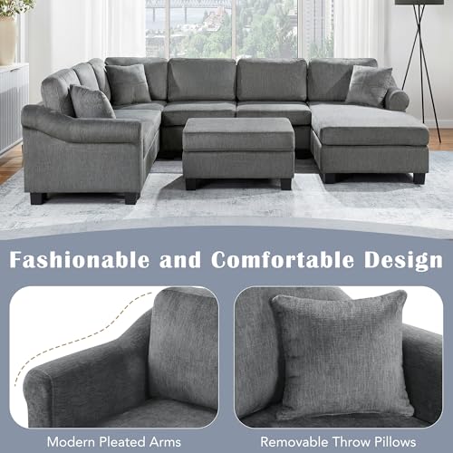 Oversized U-Shaped Sectional Sofa Couch Plush Corduroy Upholstered Modular Deep Seat Sofa&Couch Sectional W/Right Facing Chaise Lounge and 7 Toss Pillows for Home Apartment Living Room Furniture Sets