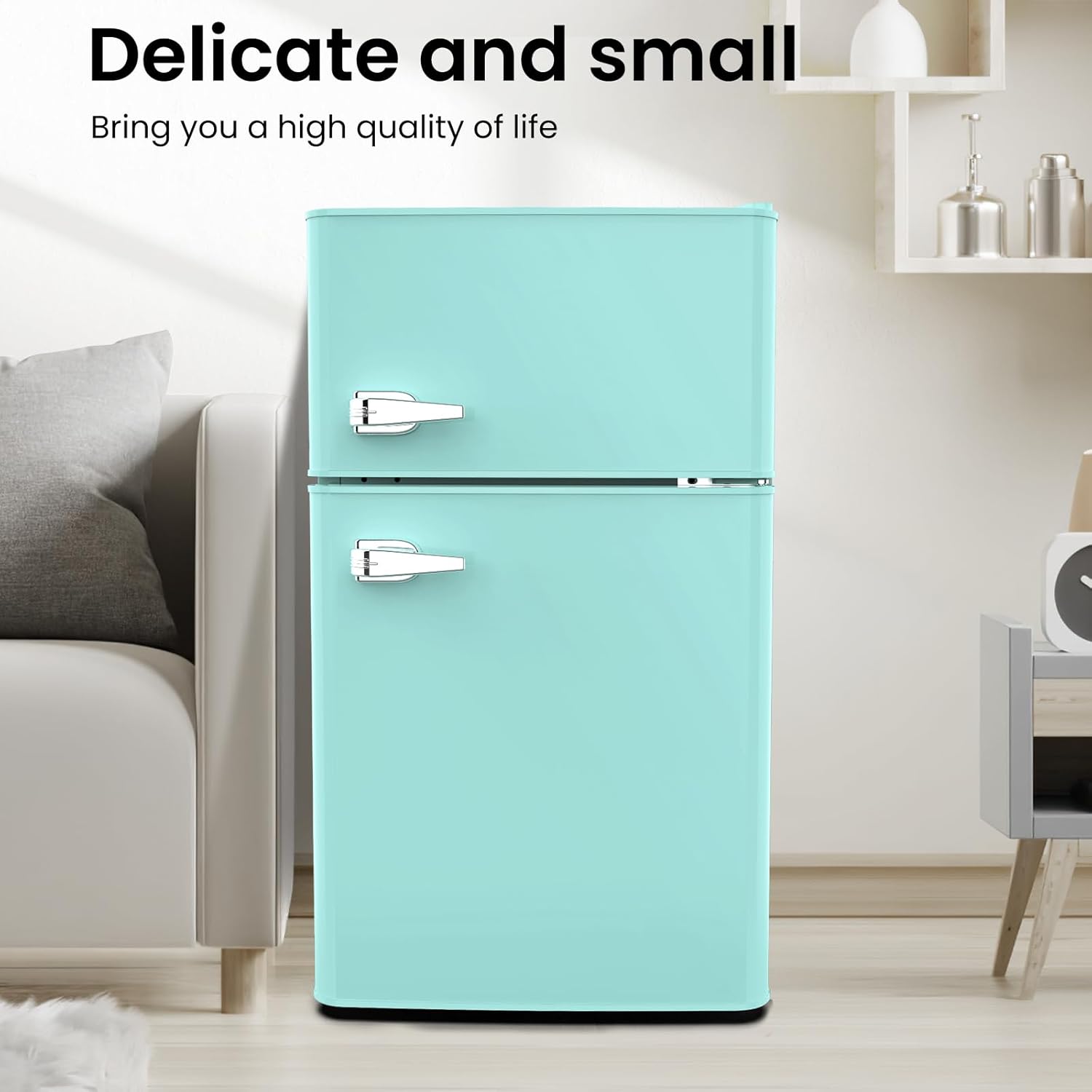 COWSAR Compact Refrigerator, 3.2 Cu Ft, Mini Refrigerator with Freezer, Double Door, 7 Temperature Settings, Low Noise, Suitable for Dorm/Apartment/Office/Kitchen, Green