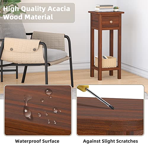 GORELAX Narrow End Table, Tall Nightstand with Drawer & Shelf, Small Bedside Table w/Anti-Tipping Device, No Assembly, Wooden Small Sofa Side Table for Small Space, Living Room, Bedroom (2, White)