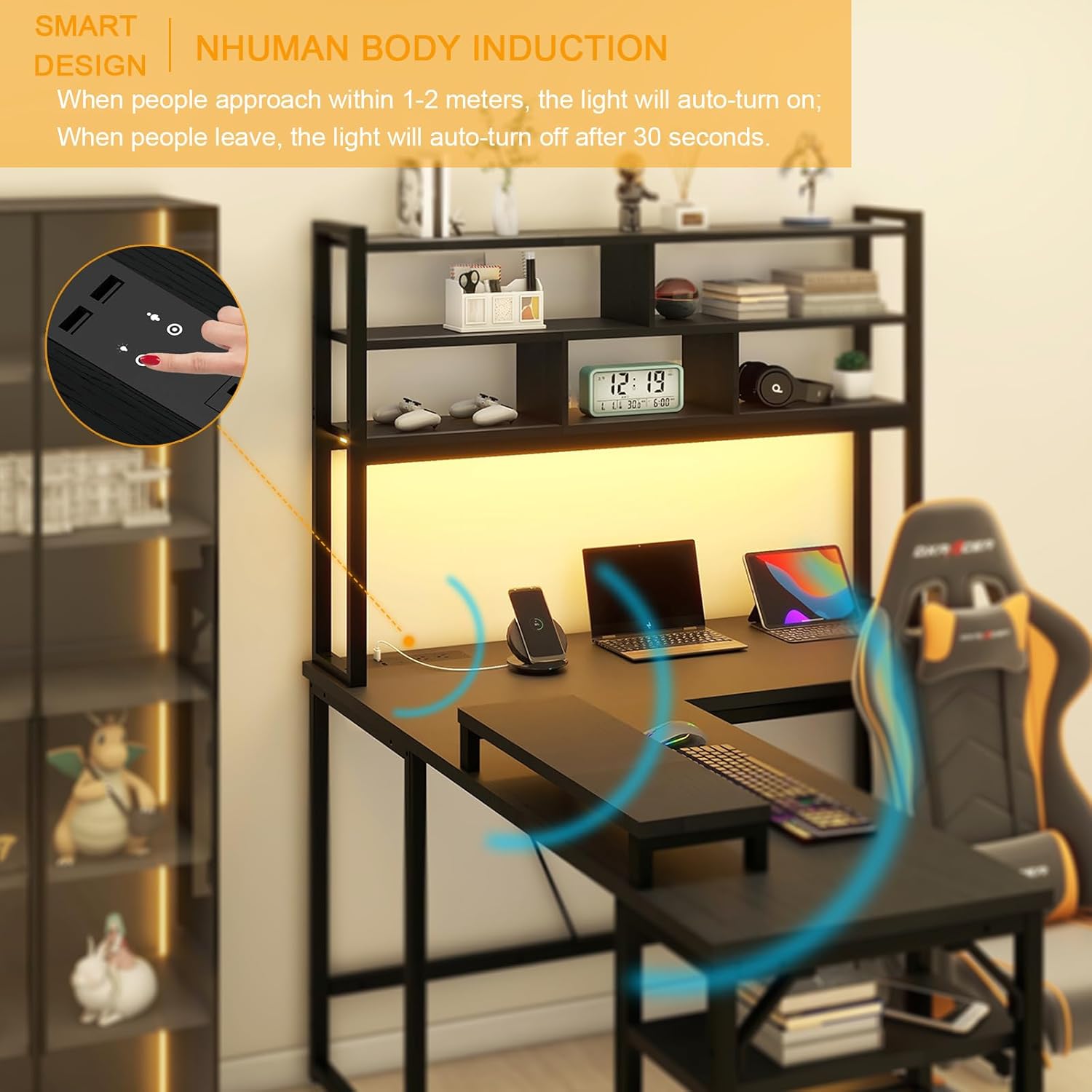 L Shaped Computer Desk with LED Sensor Lights and Power Outlets, Reversible L Shape Gaming Desk with Storage Bag and Hutch Monitor Stand, Home Office Desk with USB Port