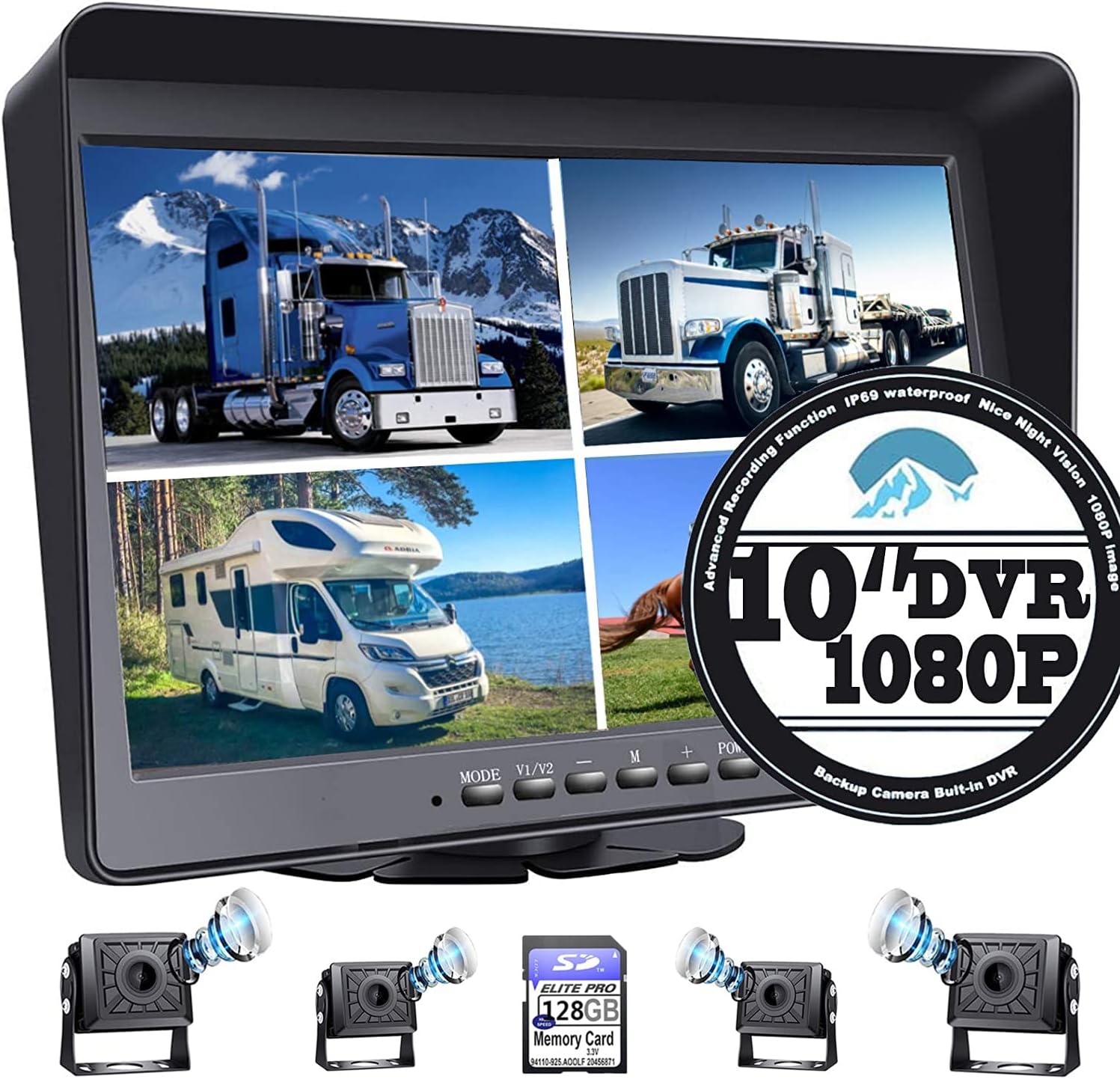 10.1 Monitor Backup Camera Built-in DVR Dash Cam for RV Truck Trailer Rear Side Front Backing View Wired System 1080P HD Image 4 Split Screen IP69 Waterproof Avoid Blind Spot A10