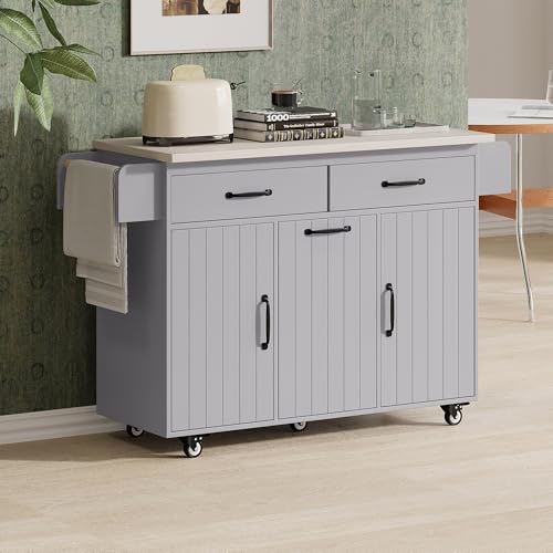 60" Kitchen Island with Drop Leaf and Power Outlet, Rolling Kitchen Cart on Wheels with Trash Can Storage Cabinet, Spice Rack, Towel Rack and Adjustable Shelf for Dining Room