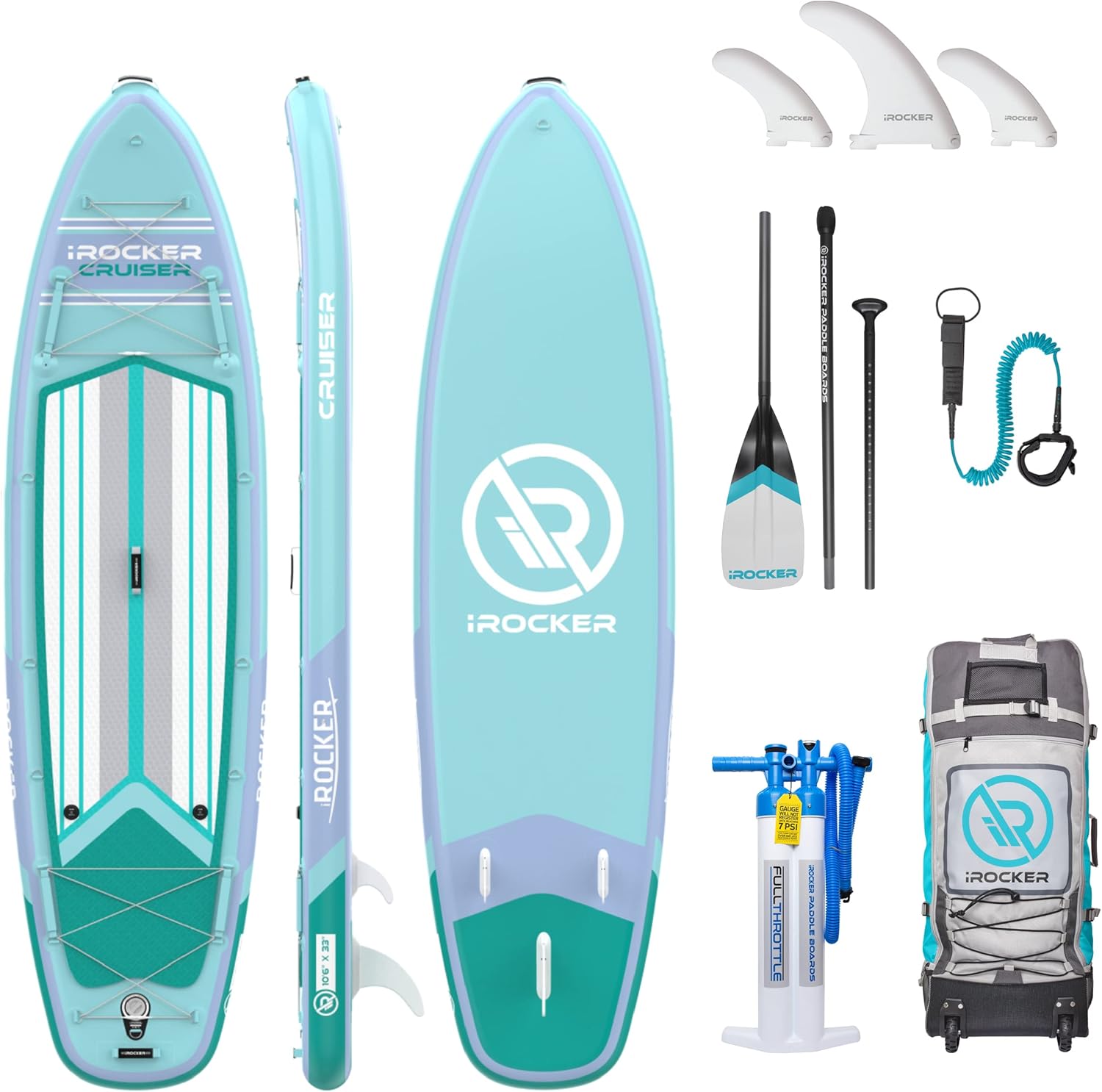 iROCKER Cruiser Inflatable Stand Up Paddle Board, Extremely Stable 10'6 Long 33 Wide 6 Thick Premium SUP with Roller Bag, Carbon Paddle, Pump, Leash, Fins & Repair Kit