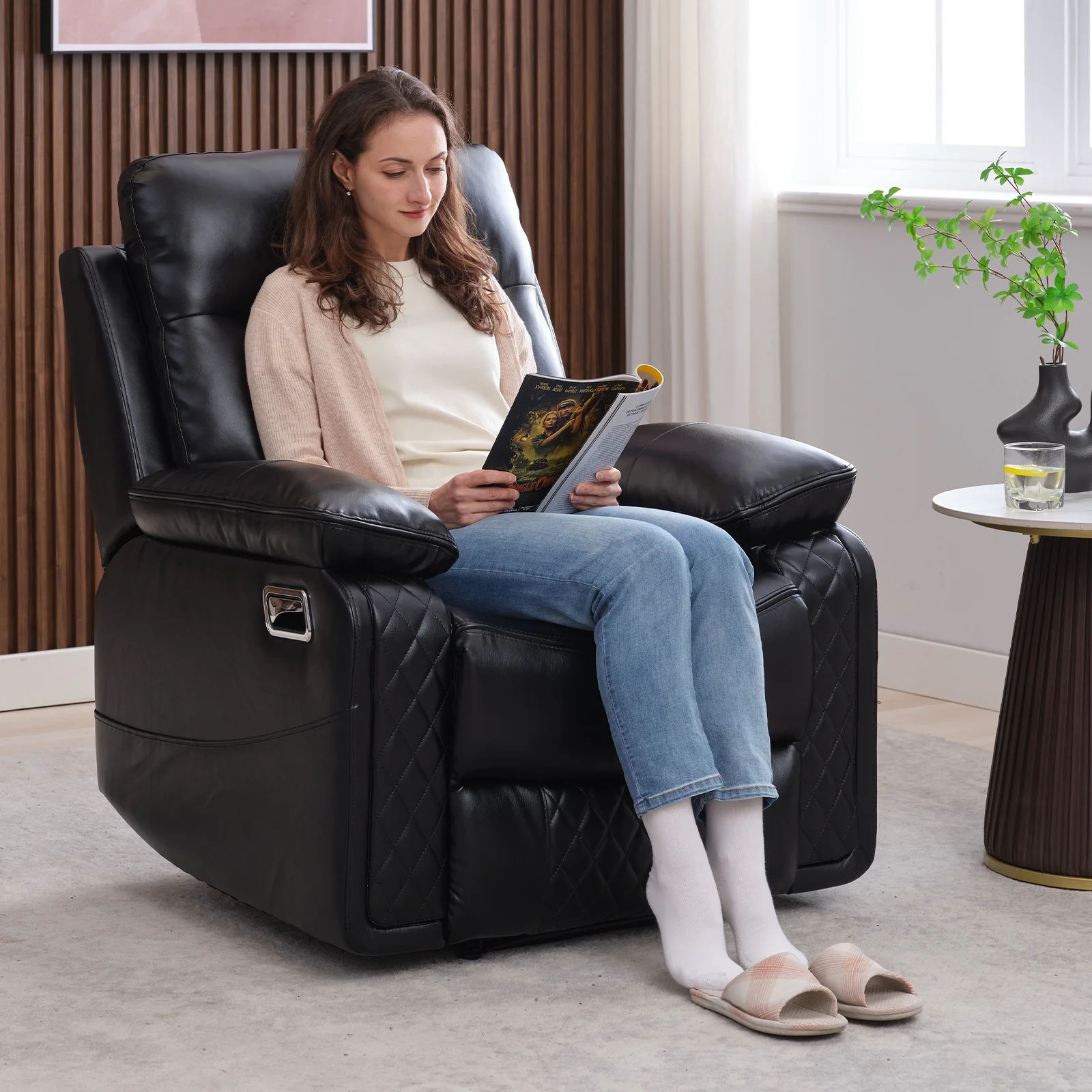 BonzyHome Recliners Single Recliner Chairs for Adults, Reclining Chair Manual Sofas for Living Room Overstuffed Home Theater Seating PU Leather Reclining Furniture, Black