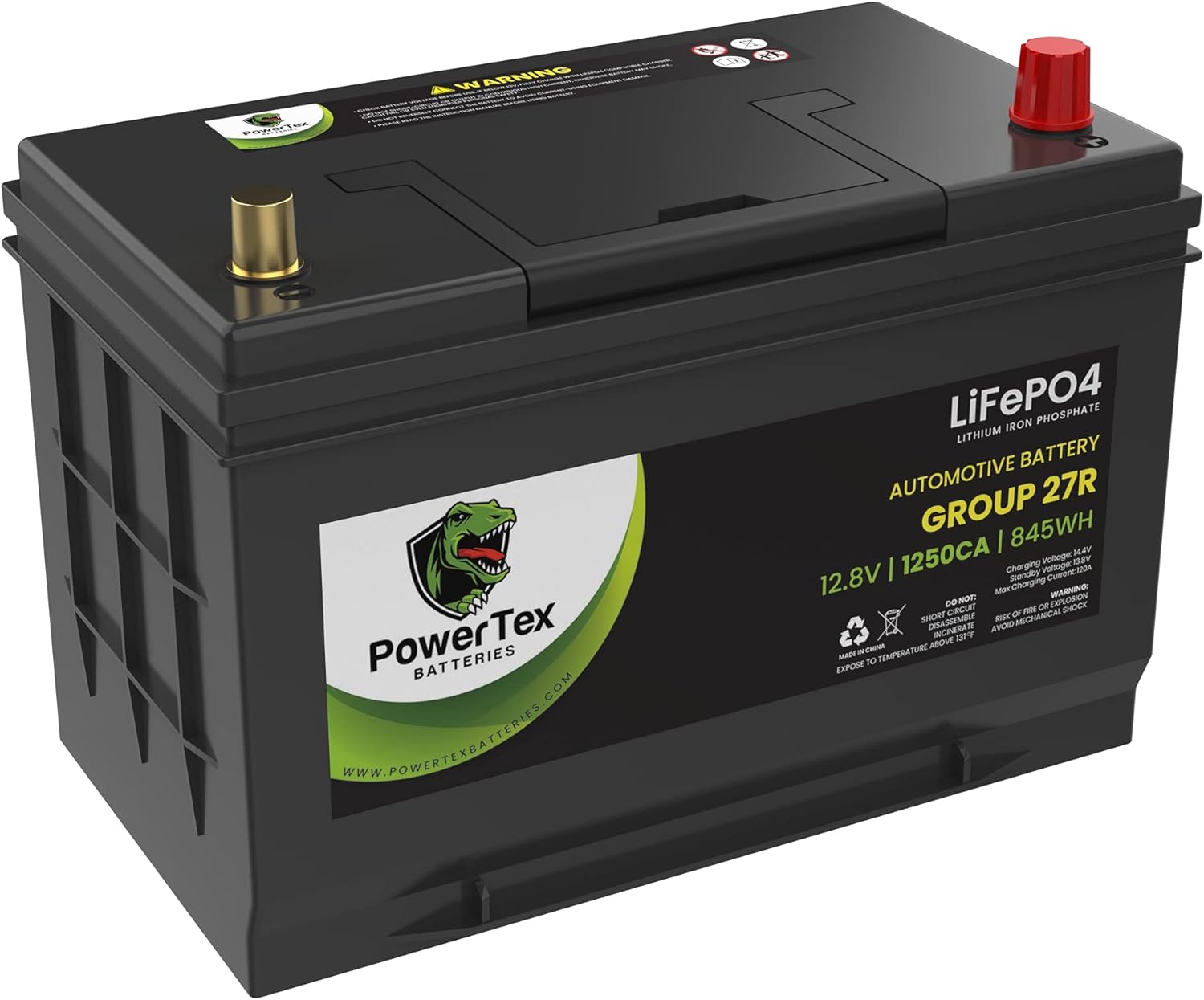 Powertex Batteries Lithium-Ion LiFePO4 BCI Group Size 94R / H7 Automotive Battery - 12.8V 1250CA 590CCA 66Ah 845Wh - AGM & SLA Drop-In Premium Replacement