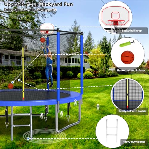 Upgraded 16FT 15FT 14FT 12FT Trampoline for Kids and Adults, Large Outdoor Trampoline with Enclosure, Backyard Trampoline with Basketball Hoop and Net, Capacity for 4-6 Kids and Adults