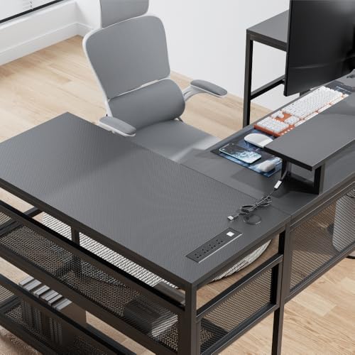 U Shaped Desk with Shelve & LED Lights, 82" Reversible L Shaped Desk with Drawers, 2 Person Corner Computer Desk Home Office Desk Gaming Table with Monitor Stand & Storage Shelves (Black + MDF)
