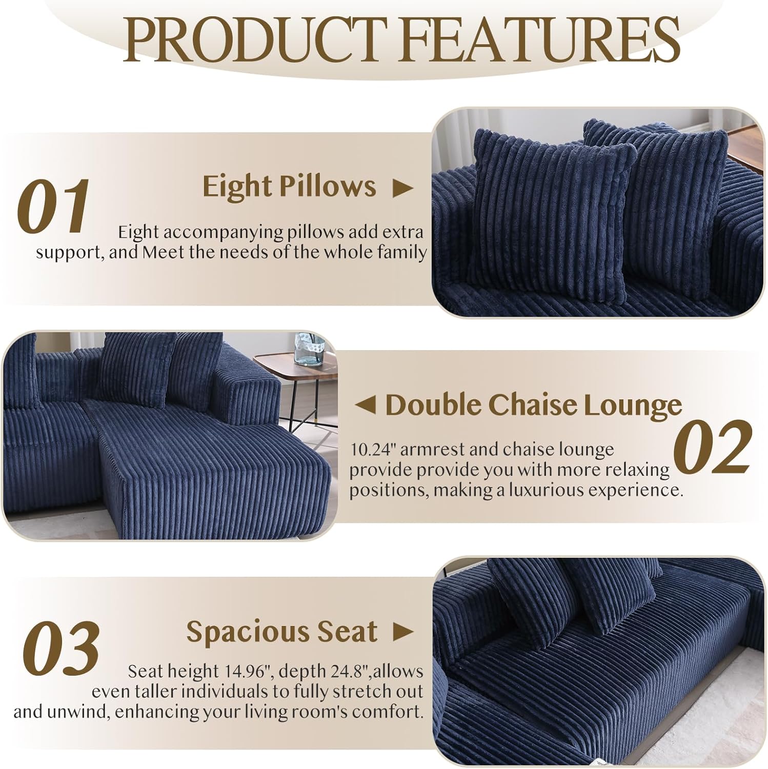 130'' Modular Sectional Sofa, Double Chaise Lounge, U Shape Sectiona Couches, Modern Minimalist Cloud Sofa, 8 Pillows, Corduroy Block 4 Seater Couch for Living Room, Apartment, Hotel, Blue