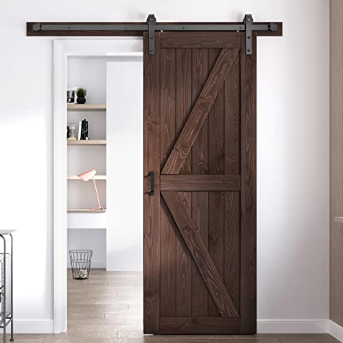 FREDBECK 36in x 84in Brown Barn Door with 6.6ft (79inch) Barn Door Hardware Track Kit and Handle Included, Double Surfaces,Simple Assembly is Required,K-Frame,Coffee