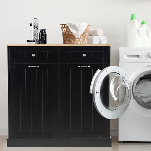 13 Gallons Tilt Out Trash Cabinet Kitchen Waste Bins Modern Kitchen Trash Cabinet with Adjustable Shelf and Hideaway Drawers, Pet Proof Trash Can Holder for Kitchen Living Room, Black
