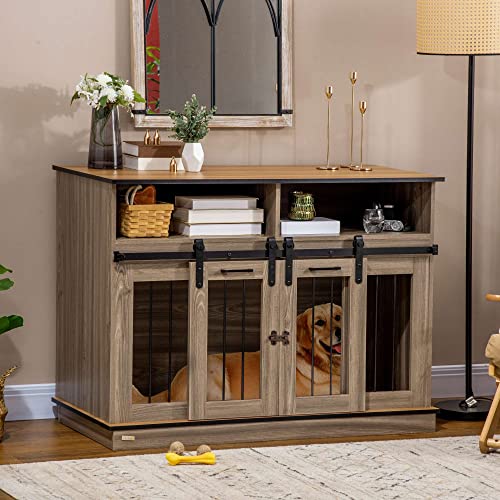 PawHut Dog Crate Furniture for Large Dogs or Double Dog Kennel for Small Dogs with Shelves, Sliding Doors, 47" x 23.5" x 35", White