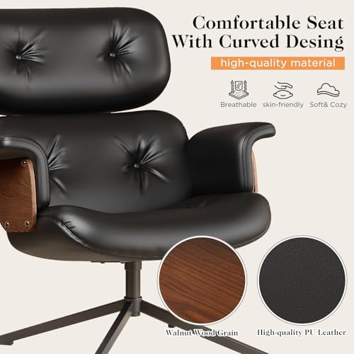 Mid Century Recliner Swivel Chair with Ottoman, Ergonomic Armchair with Comfy Cushion, Walnut Wood Base, PU Leather, Heavy Duty Support for Living Room, Black