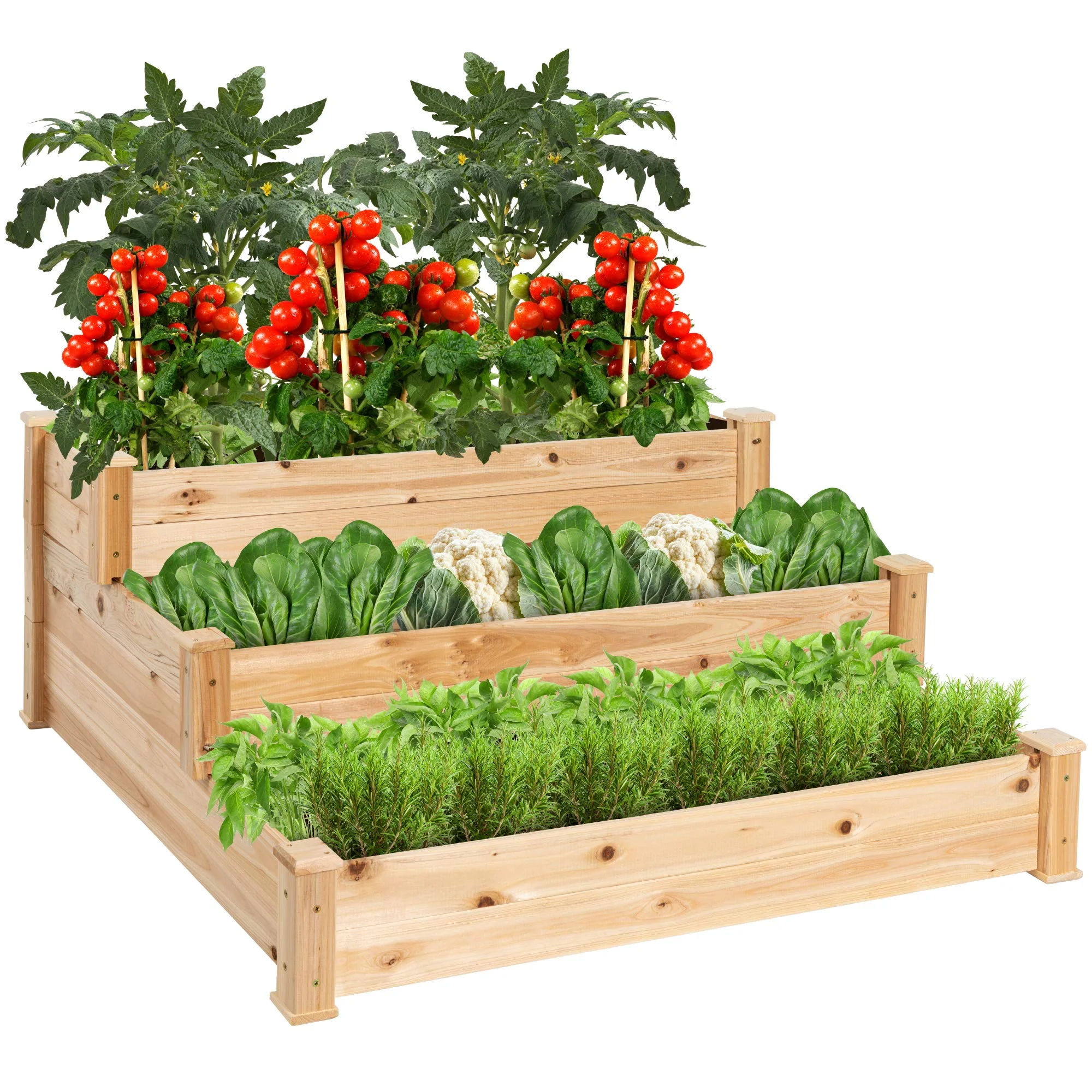 3-Tier Fir Wood Raised Garden Bed Planter Kit for Plants, Herbs, Vegetables, Outdoor Gardening w/Stackable & Flat Arrangement, Easy Assembly - Natural - Curated Treasures Market
