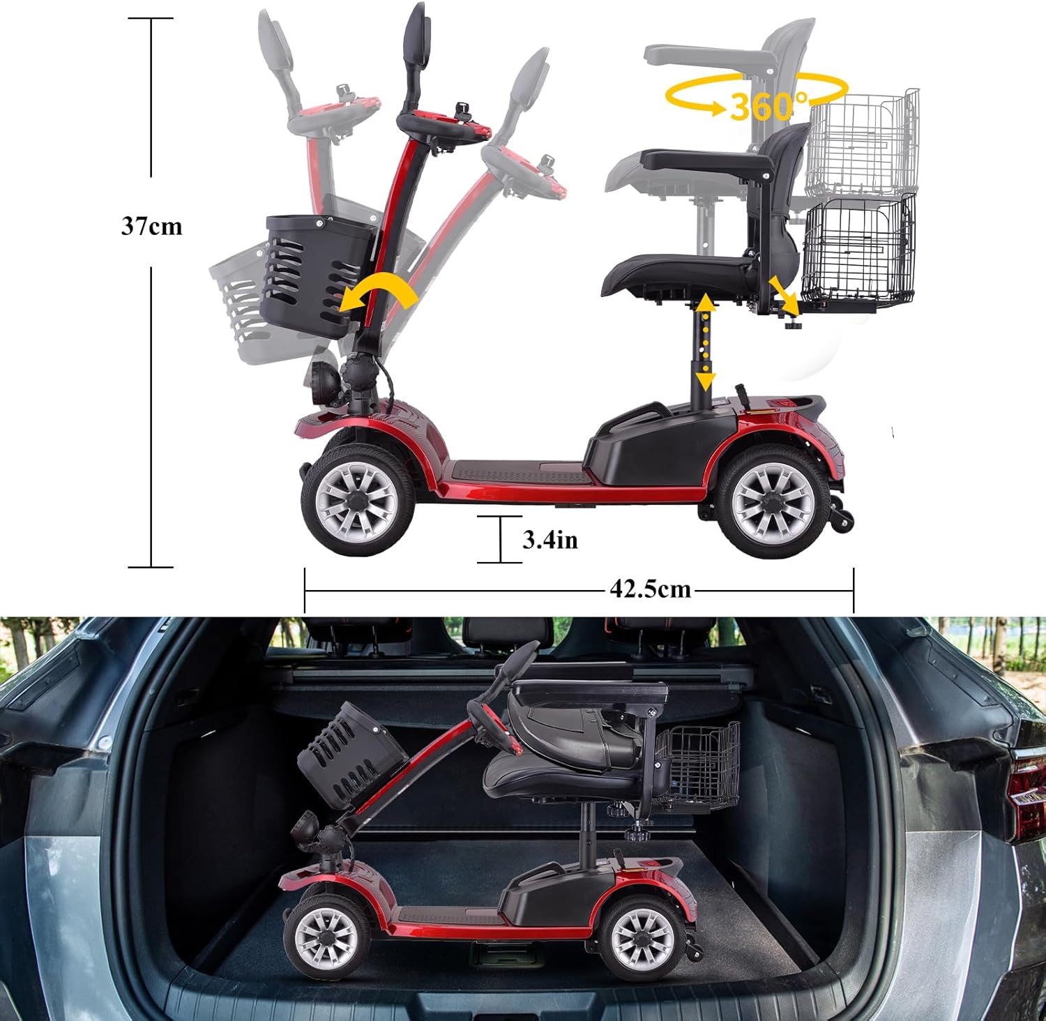 4 Wheel Powered Mobility Scooters, Mobility Scooters for Seniors, Folding Electric Wheelchairs for Adults Collapsible and Compact Duty Travel Scooter with Dual Battery and Basket(Red)