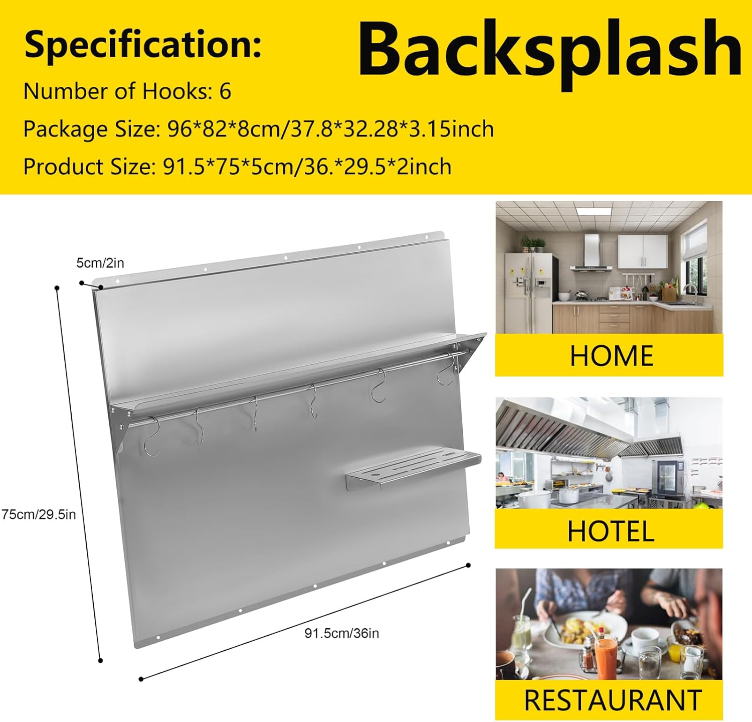 Range Backsplash with Shelf 36x 29.5 Inch Range Hood Wall Shield, Stainless Steel Backsplash Silver Splash Plate for Range Hood Stainless Backsplash with Built-in Storage Shelf and Hanging Rack